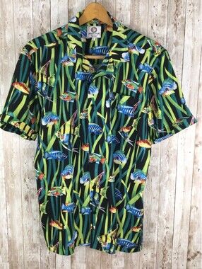 VTG Resolution Clothing Men's Retro Fish Print Bright Short Sleeve Shirt Large